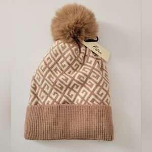 Odiva Chic Beige and Brown Lined Interior Patterned Knit Beanie with Pom Pom